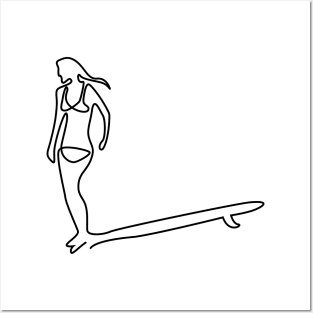 one line surfer girl hanging ten on a longboard Posters and Art